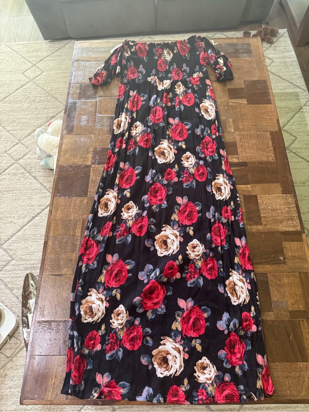 Black Floral Off the Shoulder Maxi Dress with Red & Cream Roses